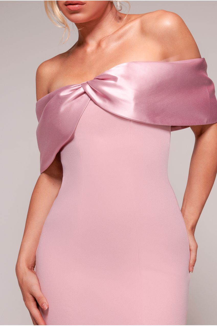 Twist Knot Satin & Scuba Bardot High Low Midi Dress - Blush Pink DR4617