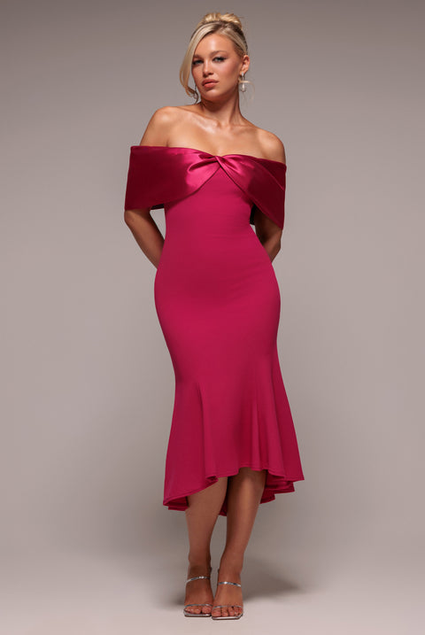 Twist Knot Satin & Scuba Bardot High Low Midi Dress - Magenta by Goddiva