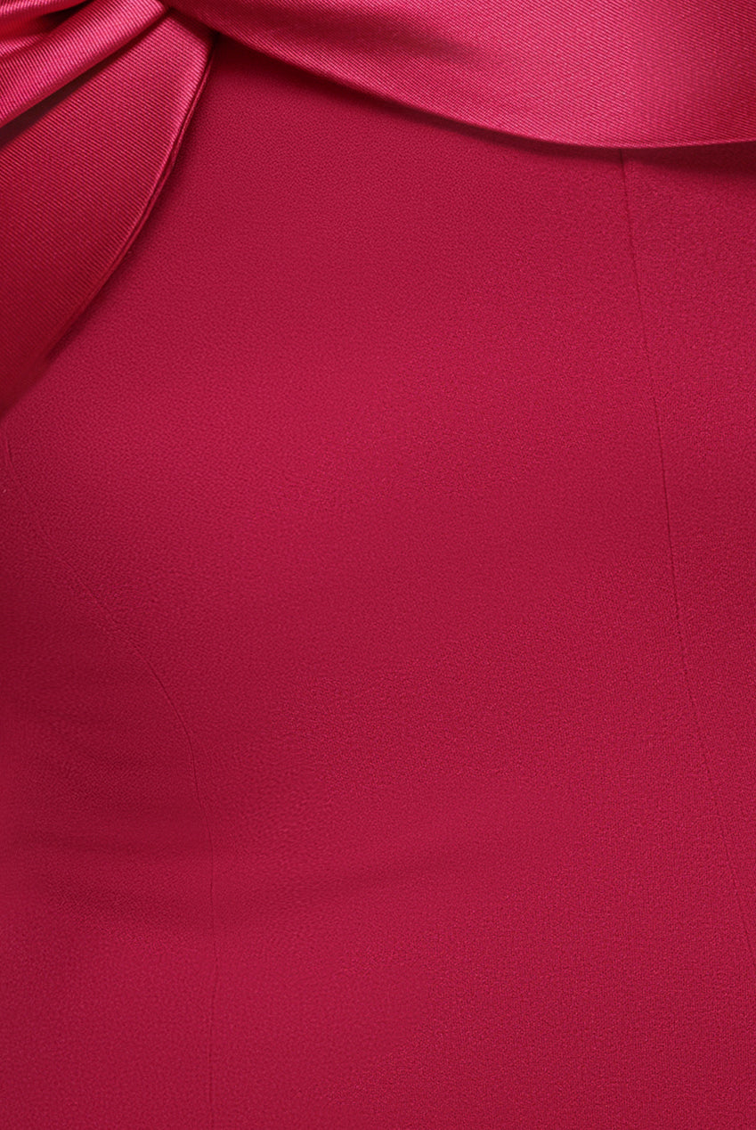 Twist Knot Satin & Scuba Bardot High Low Midi Dress - Magenta DR4617