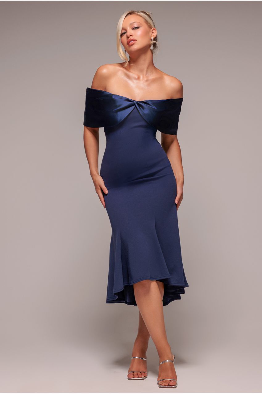 Twist Knot Satin & Scuba Bardot High Low Midi Dress - Navy Blue DR4617