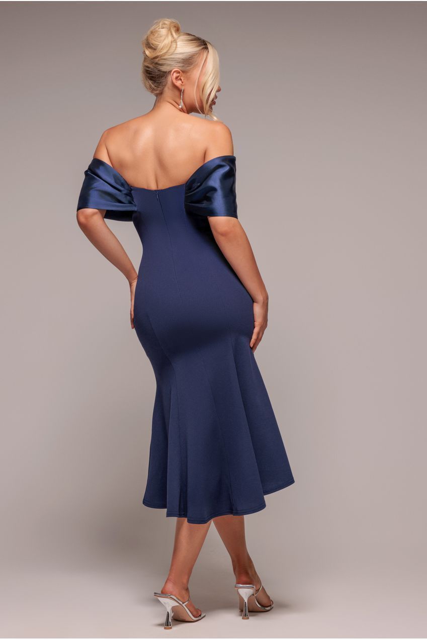 Twist Knot Satin & Scuba Bardot High Low Midi Dress - Navy Blue DR4617