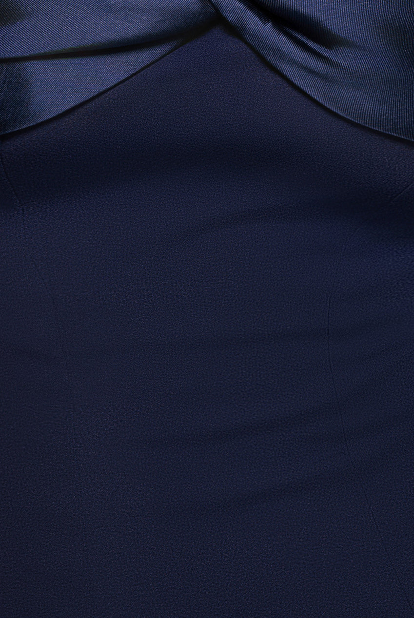 Twist Knot Satin & Scuba Bardot High Low Midi Dress - Navy Blue DR4617M