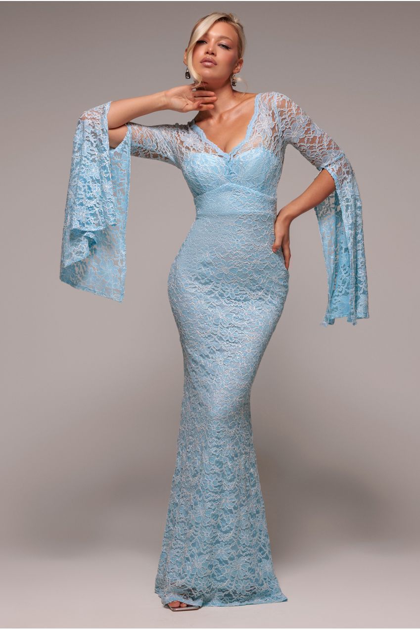 Cape Sleeve Lace Mermaid Hem Maxi Dress - Sky Blue | Goddiva Cape Sleeve Lace Mermaid Hem Maxi Dress - Sky Blue | Goddiva