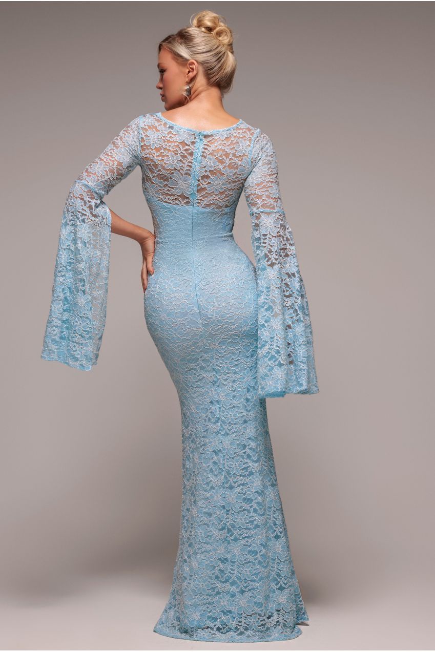 Cape Sleeve Lace Mermaid Hem Maxi Dress - Sky Blue DR4621