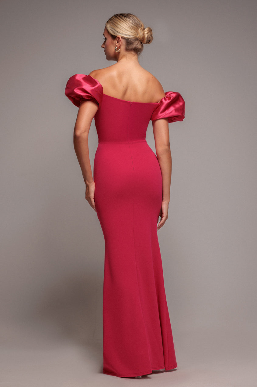 Puffy Satin Sleeve Scuba Maxi Dress - Magenta DR4622