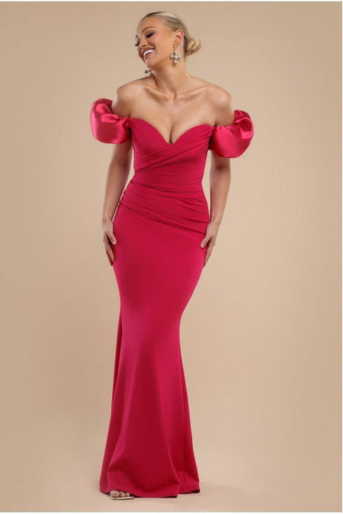 Puffy Satin Sleeve Scuba Maxi Dress - Magenta by Goddiva