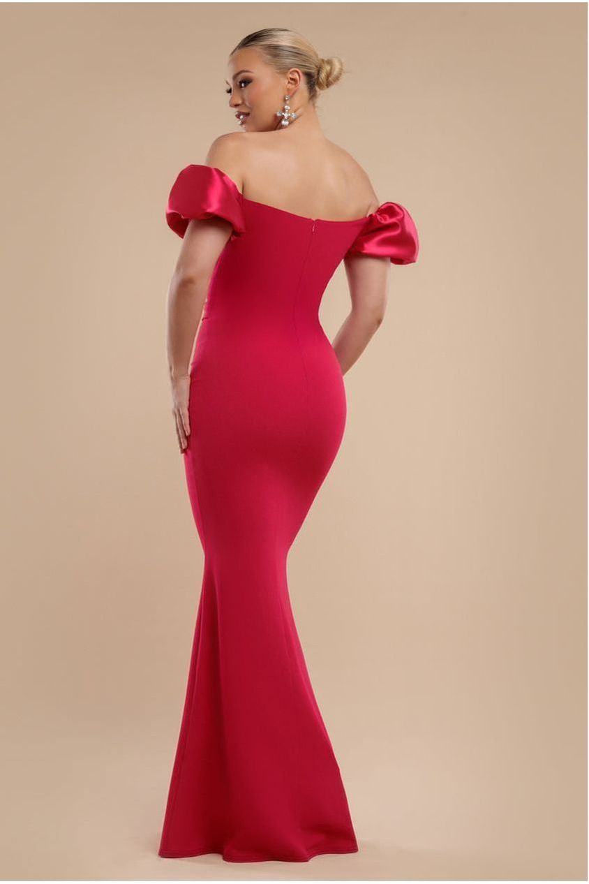 Puffy Satin  Sleeve Scuba Maxi Dress - Magenta DR4622