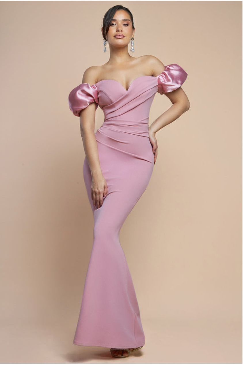 Puffy Satin Sleeve Scuba Maxi Dress - Blush Pink DR4622