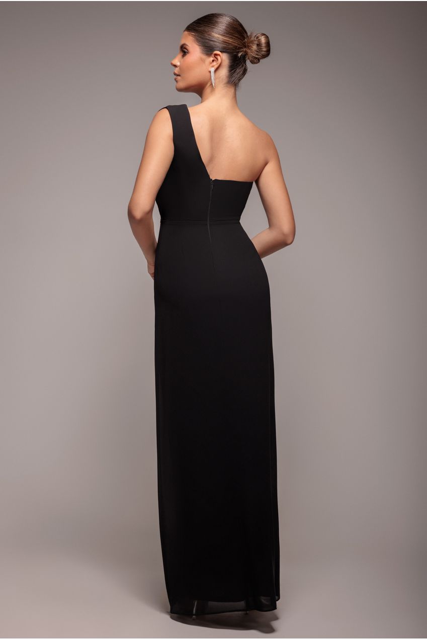 One Shoulder Diamante Chiffon Evening Maxi Dress - Black DR4625