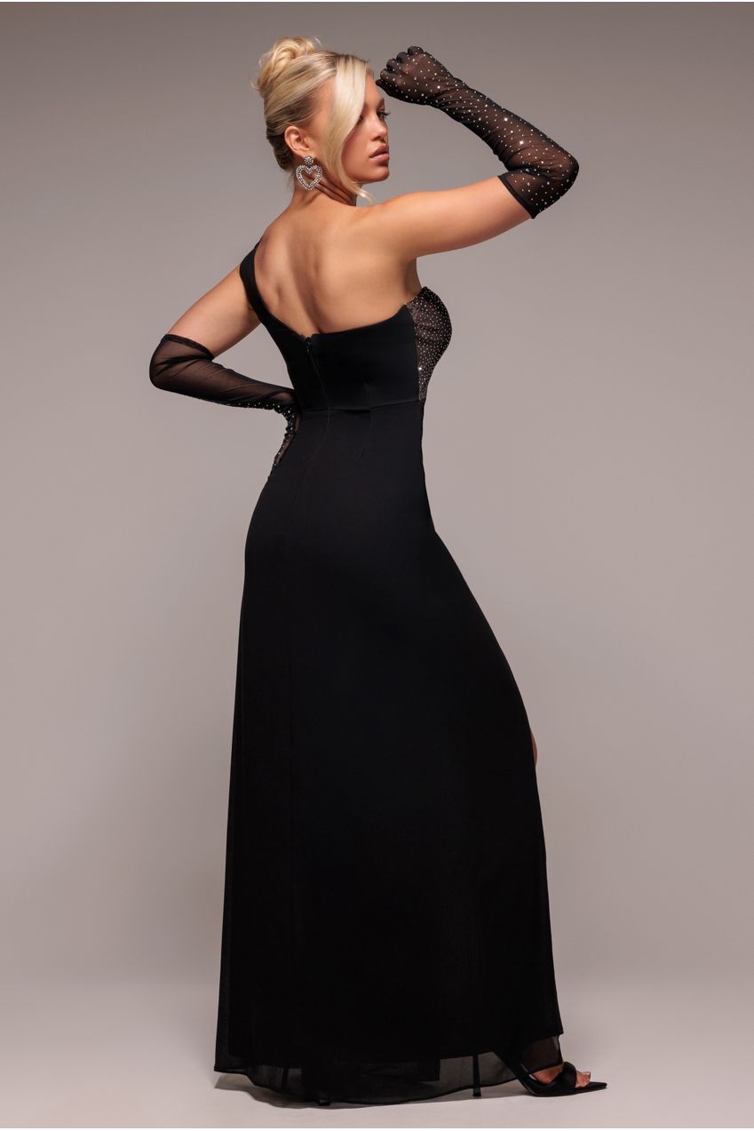 One Shoulder Diamante Chiffon Evening Maxi Dress - Black DR4625