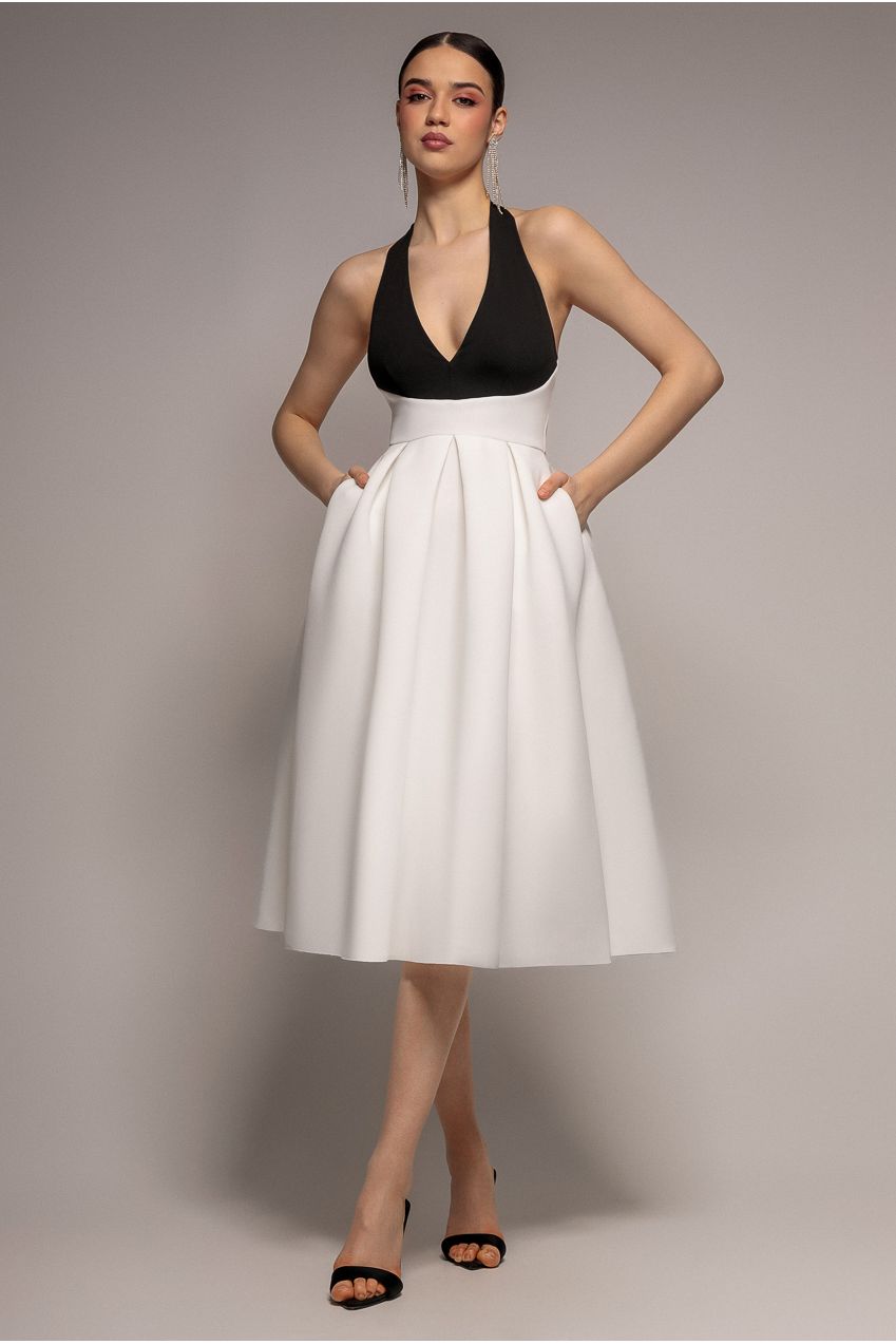 Contrast Halter Neck Pleated A Line Midaxi Dress - Black Cream DR4630