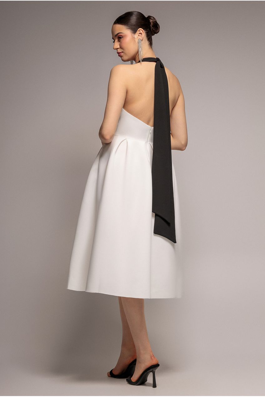 Contrast Halter Neck Pleated A Line Midaxi Dress - Black Cream DR4630