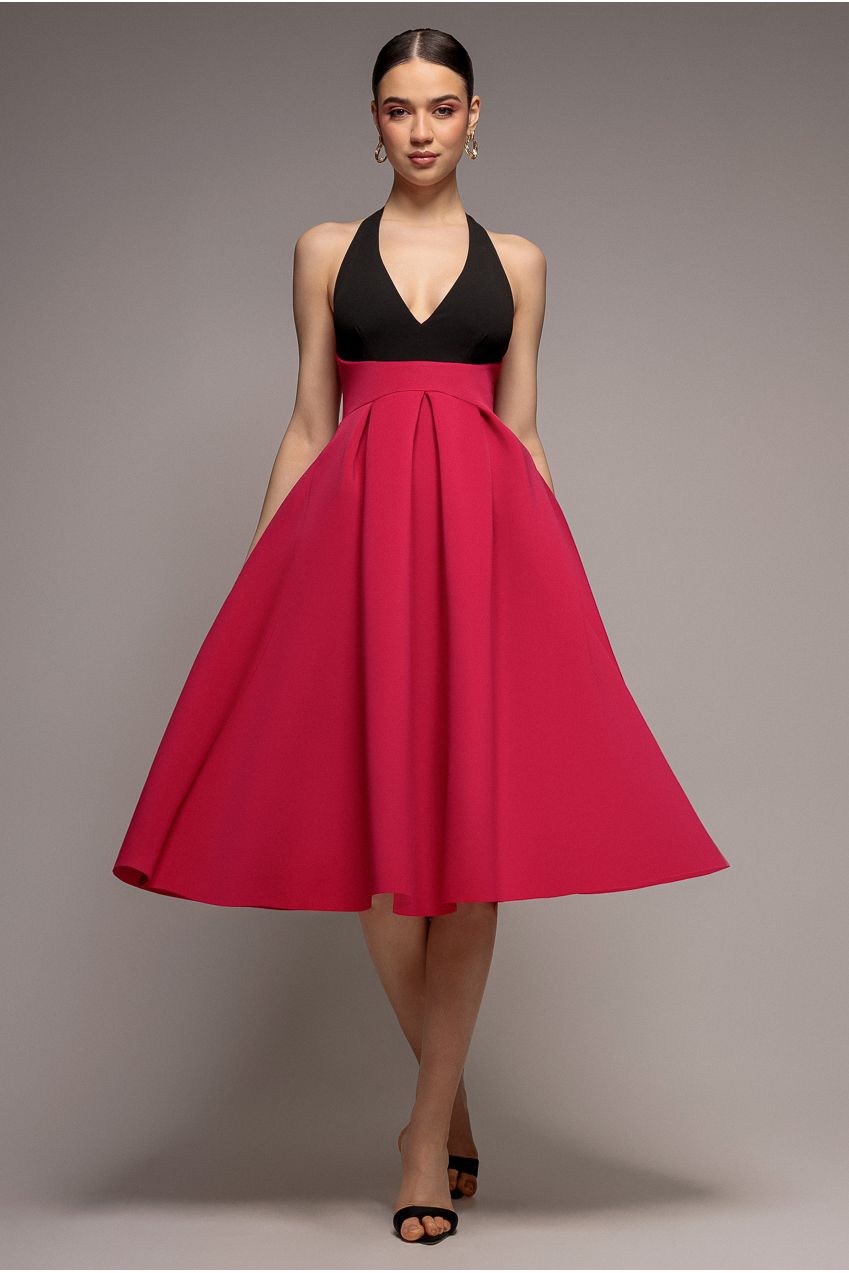 Contrast Halter Neck Pleated A-Line Midaxi Dress - Black Magenta DR4630