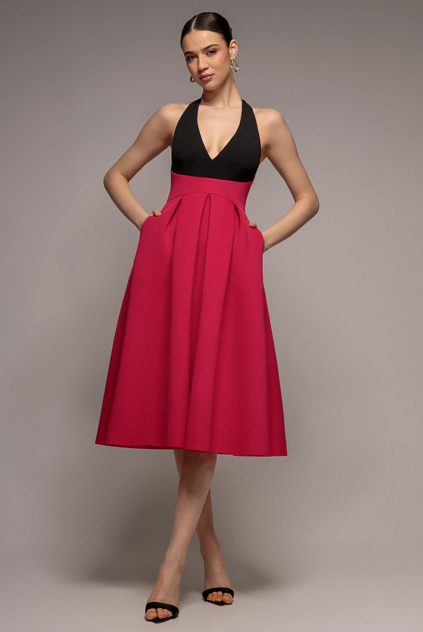 Contrast Halter Neck Pleated A-Line Midaxi Dress - Black Magenta DR4630