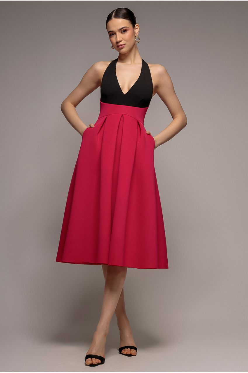 Contrast Halter Neck Pleated A-Line Midaxi Dress - Black Magenta DR4630