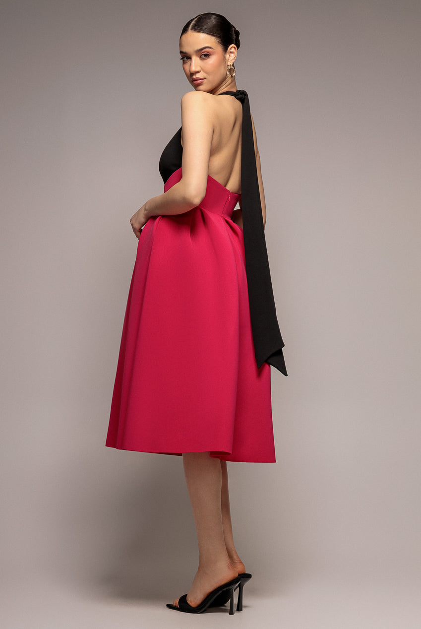 Contrast Halter Neck Pleated A-Line Midaxi Dress - Black Magenta DR4630