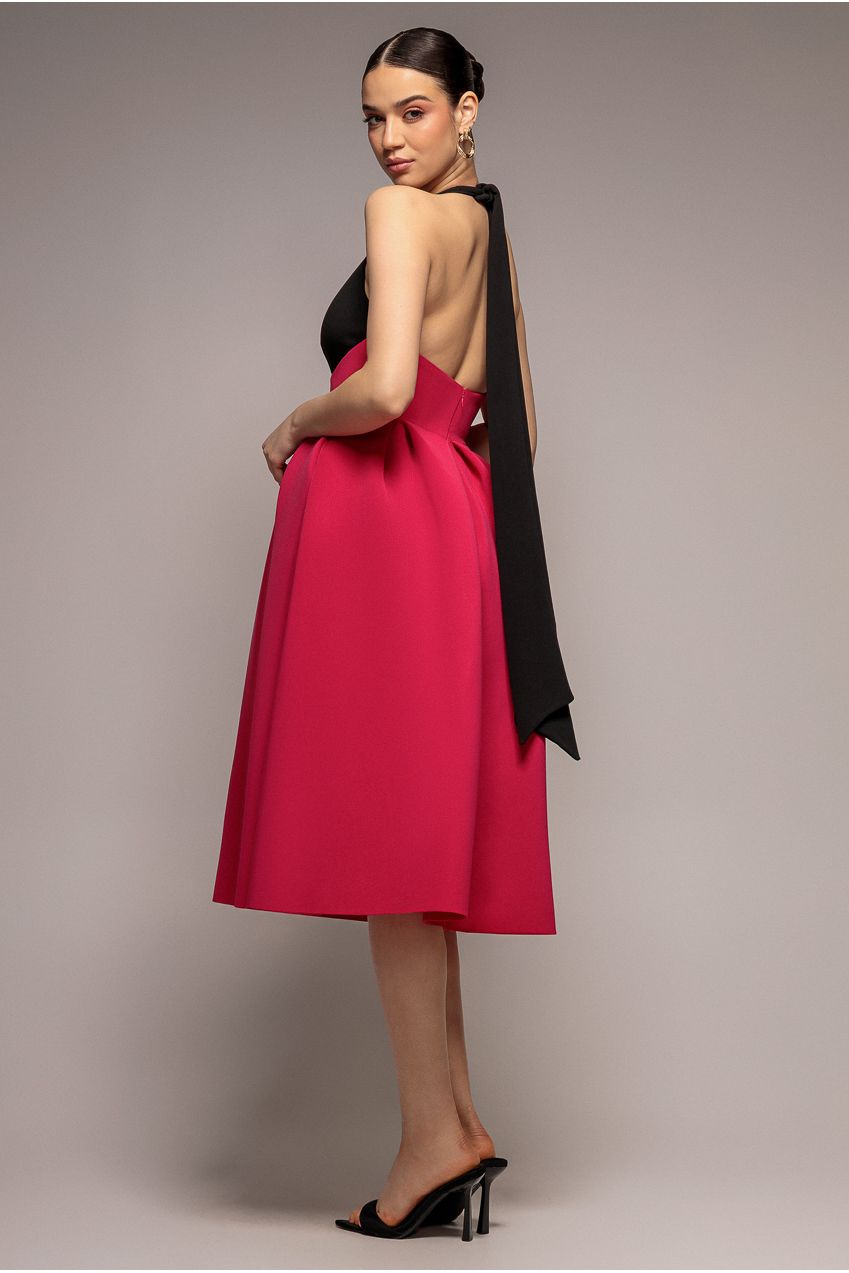 Contrast Halter Neck Pleated A-Line Midaxi Dress - Black Magenta DR4630