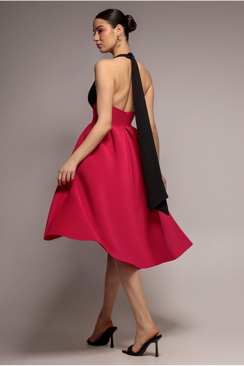 Contrast Halter Neck Pleated A-Line Midaxi Dress - Black Magenta DR4630