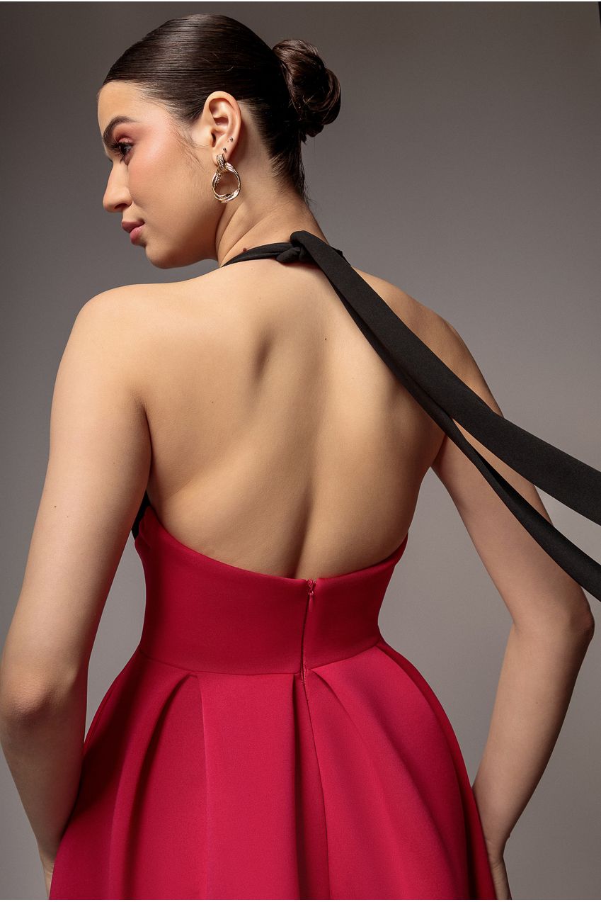Contrast Halter Neck Pleated A-Line Midaxi Dress - Black Magenta DR4630