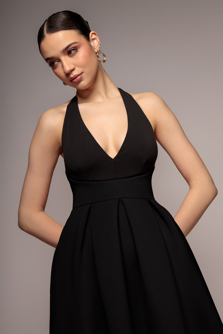 Halter Neck Pleated A-Line Midaxi Dress - Black DR4630