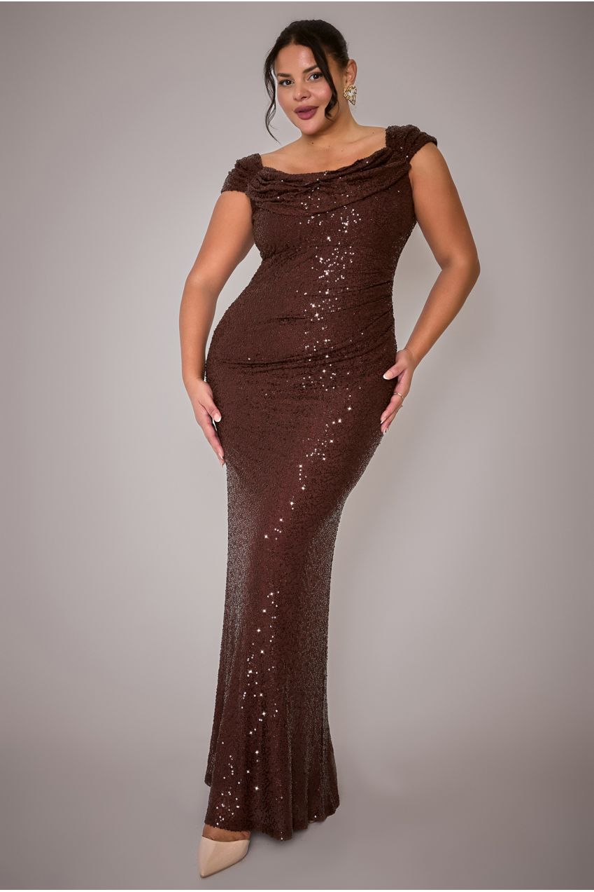 Cap Sleeve Iridescent Sequin Cowl Maxi Dress - Brown DR4633PLUS