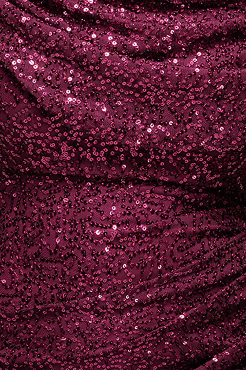 Cap Sleeve Iridescent Sequin Cowl Maxi Dress - Burgundy Red DR4633PLUS