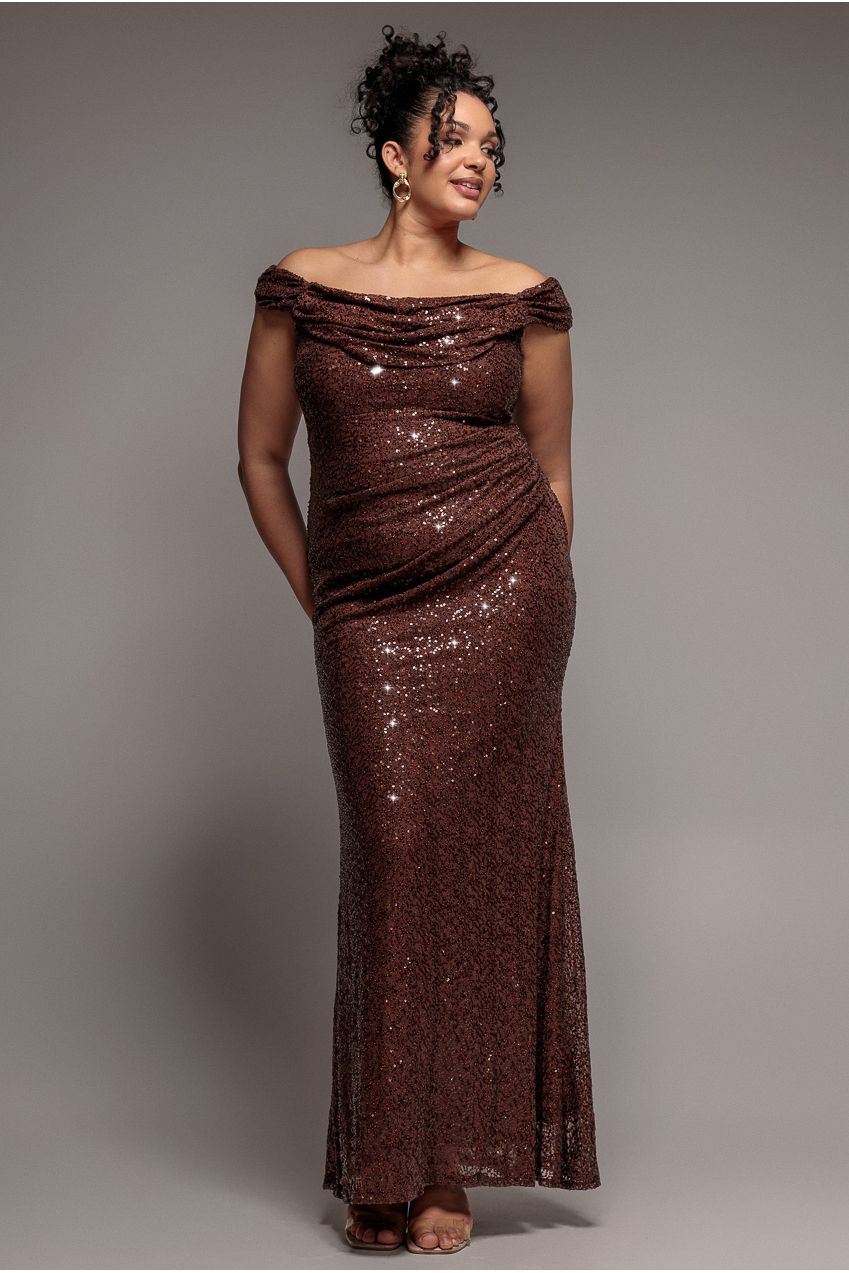 Cap Sleeve Iridescent Sequin Cowl Maxi Dress - Brown DR4633PLUS