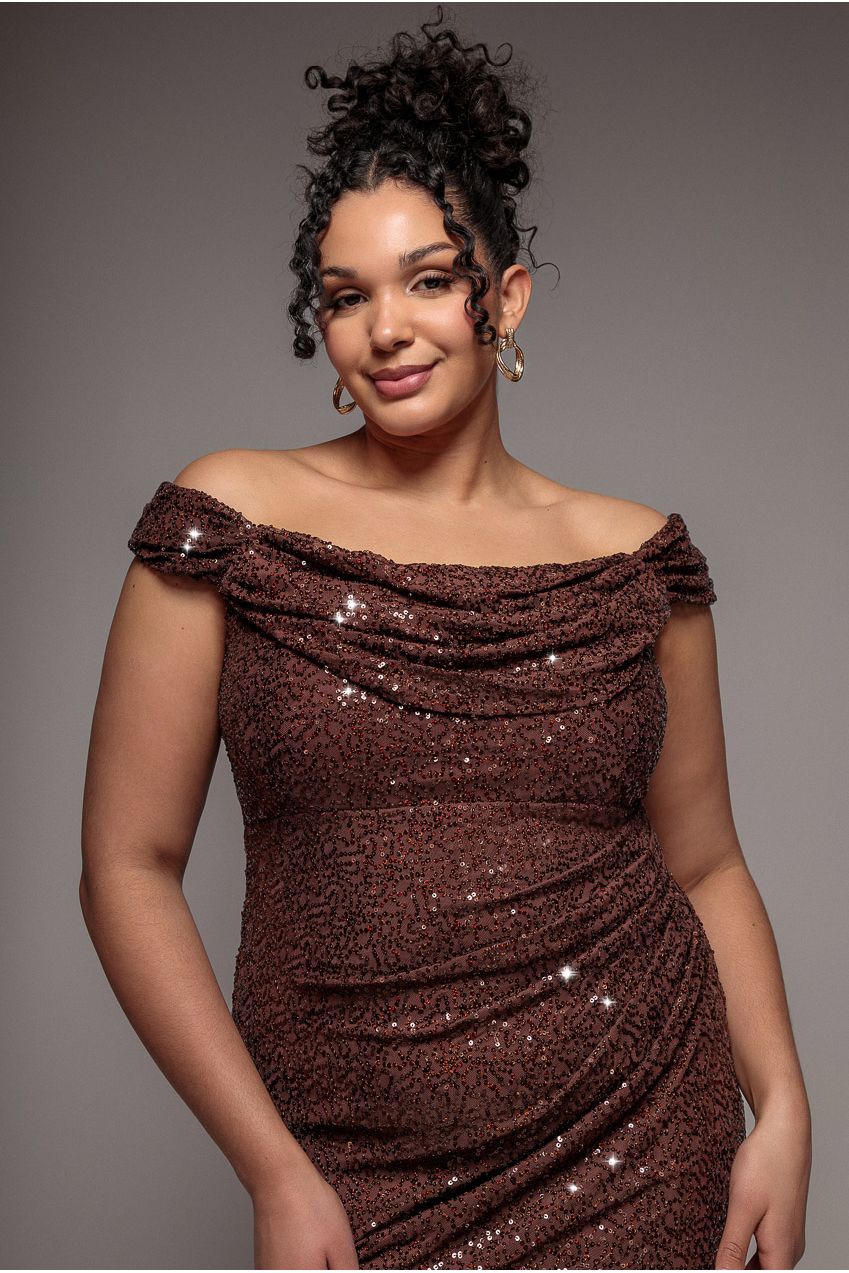 Cap Sleeve Iridescent Sequin Cowl Maxi Dress - Brown DR4633PLUS