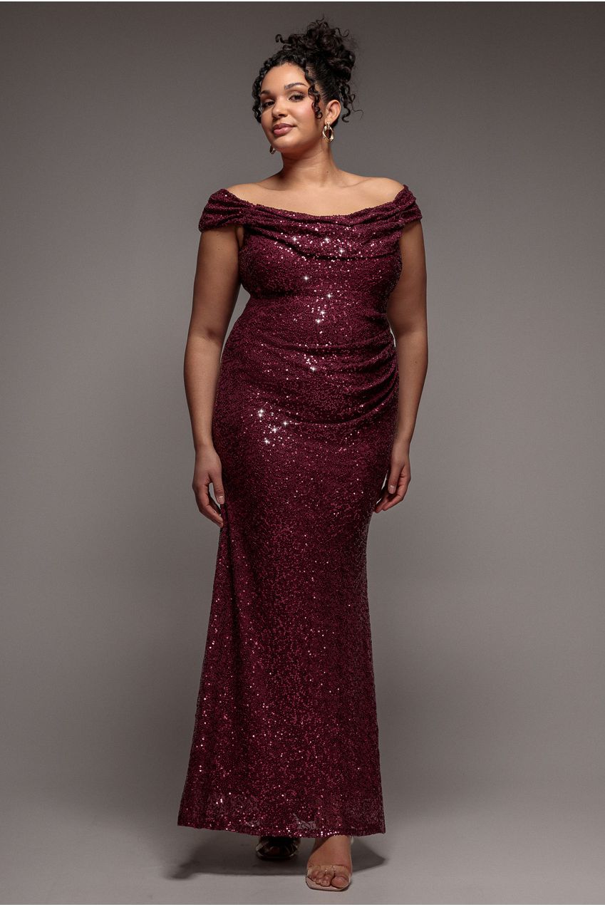 Cap Sleeve Iridescent Sequin Cowl Maxi Dress - Burgundy Red DR4633PLUS