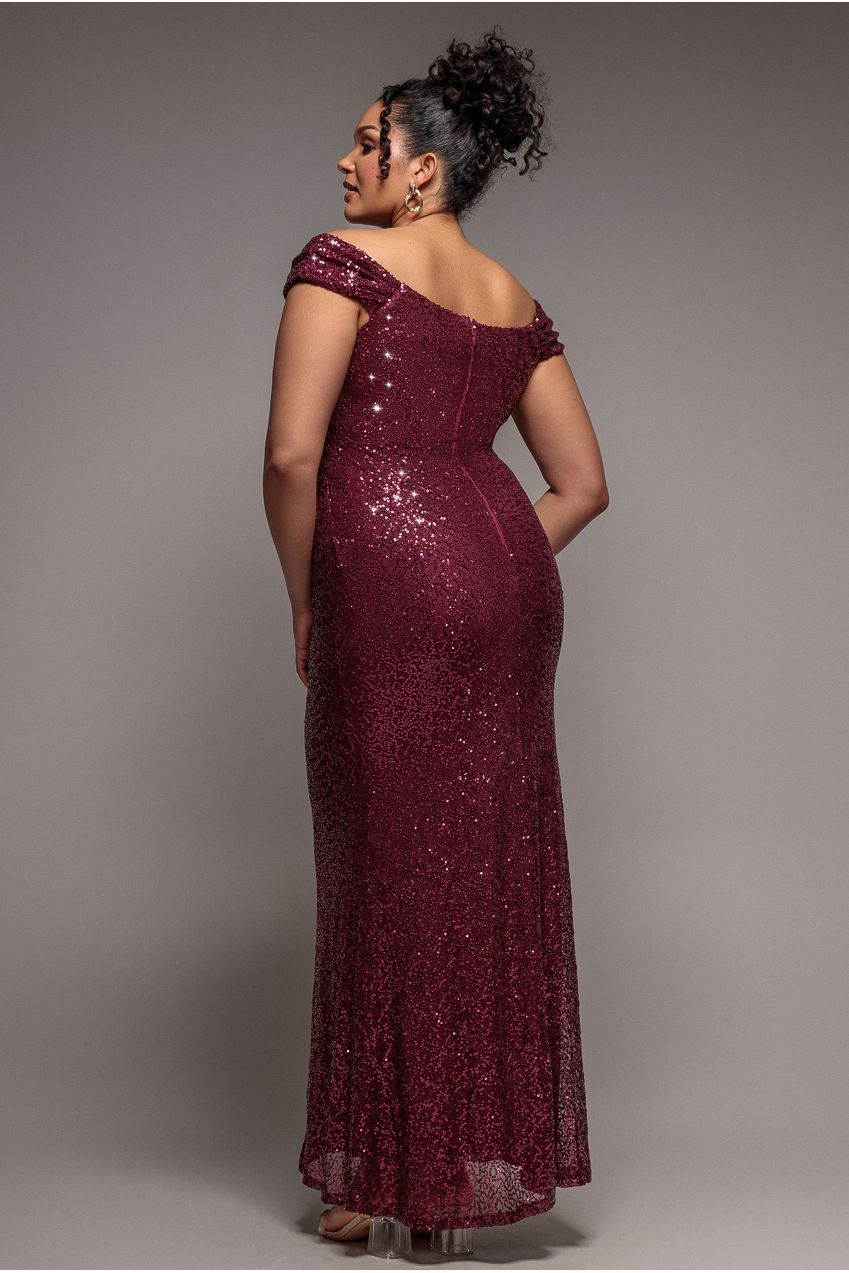 Cap Sleeve Iridescent Sequin Cowl Maxi Dress - Burgundy Red DR4633PLUS