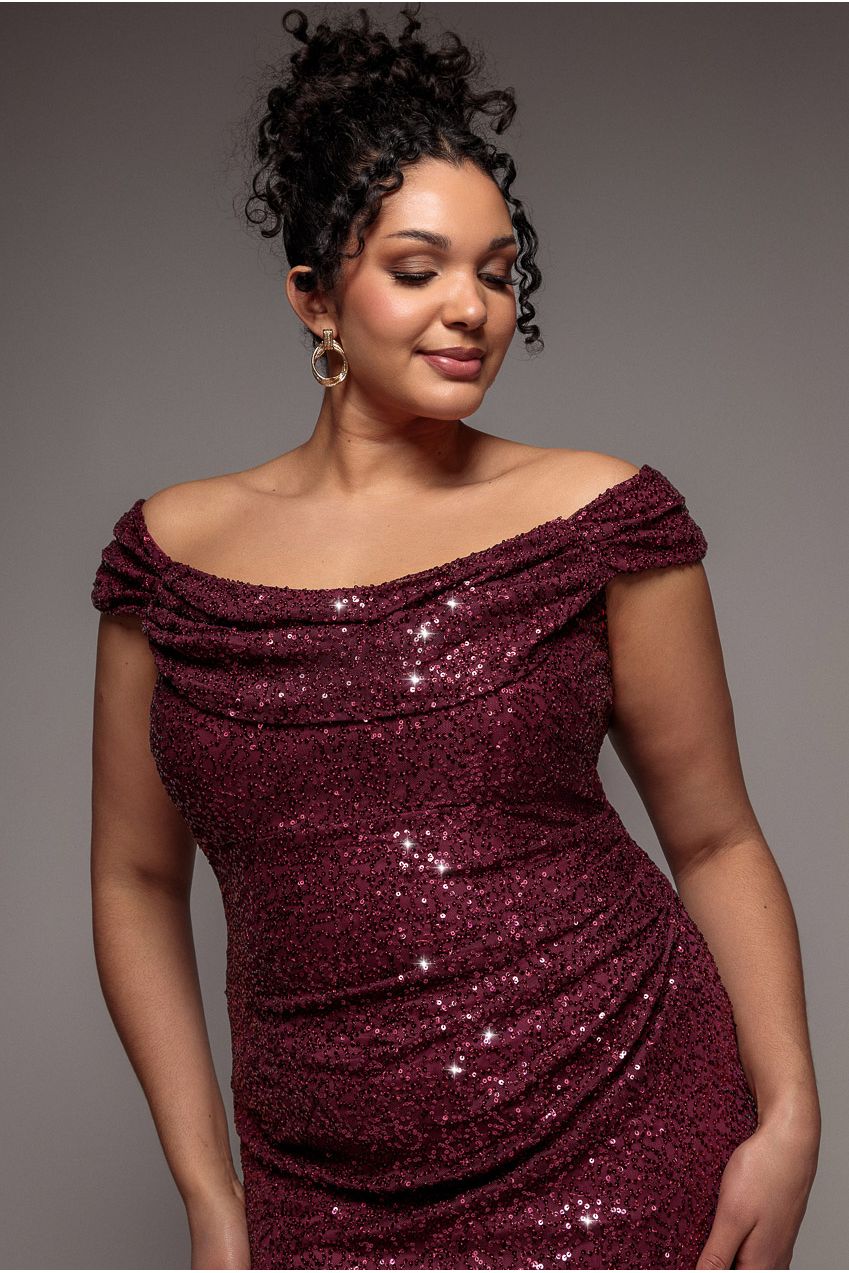 Cap Sleeve Iridescent Sequin Cowl Maxi Dress - Burgundy Red DR4633PLUS