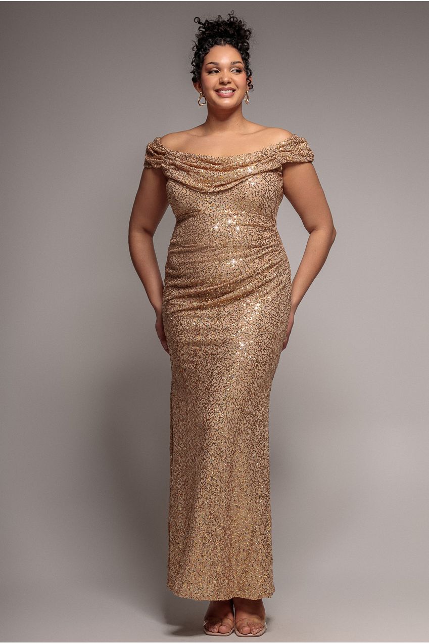 Cap Sleeve Iridescent Sequin Cowl Maxi Dress - Gold DR4633PLUS
