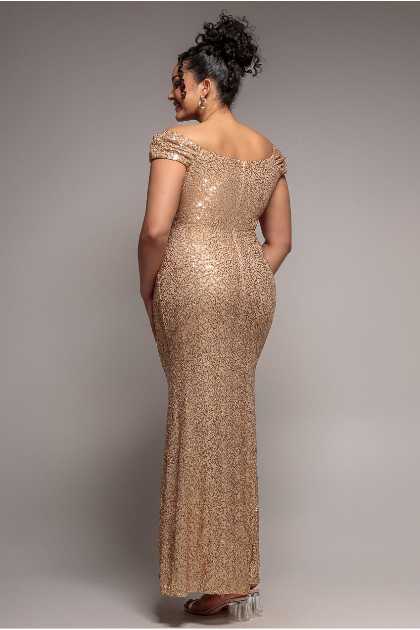 Cap Sleeve Iridescent Sequin Cowl Maxi Dress - Gold DR4633PLUS
