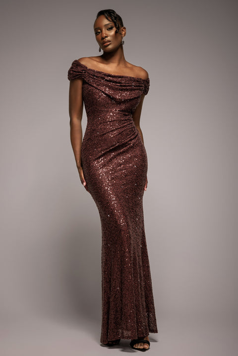 Cap Sleeve Iridescent Sequin Cowl Maxi Dress - Brown by Goddiva