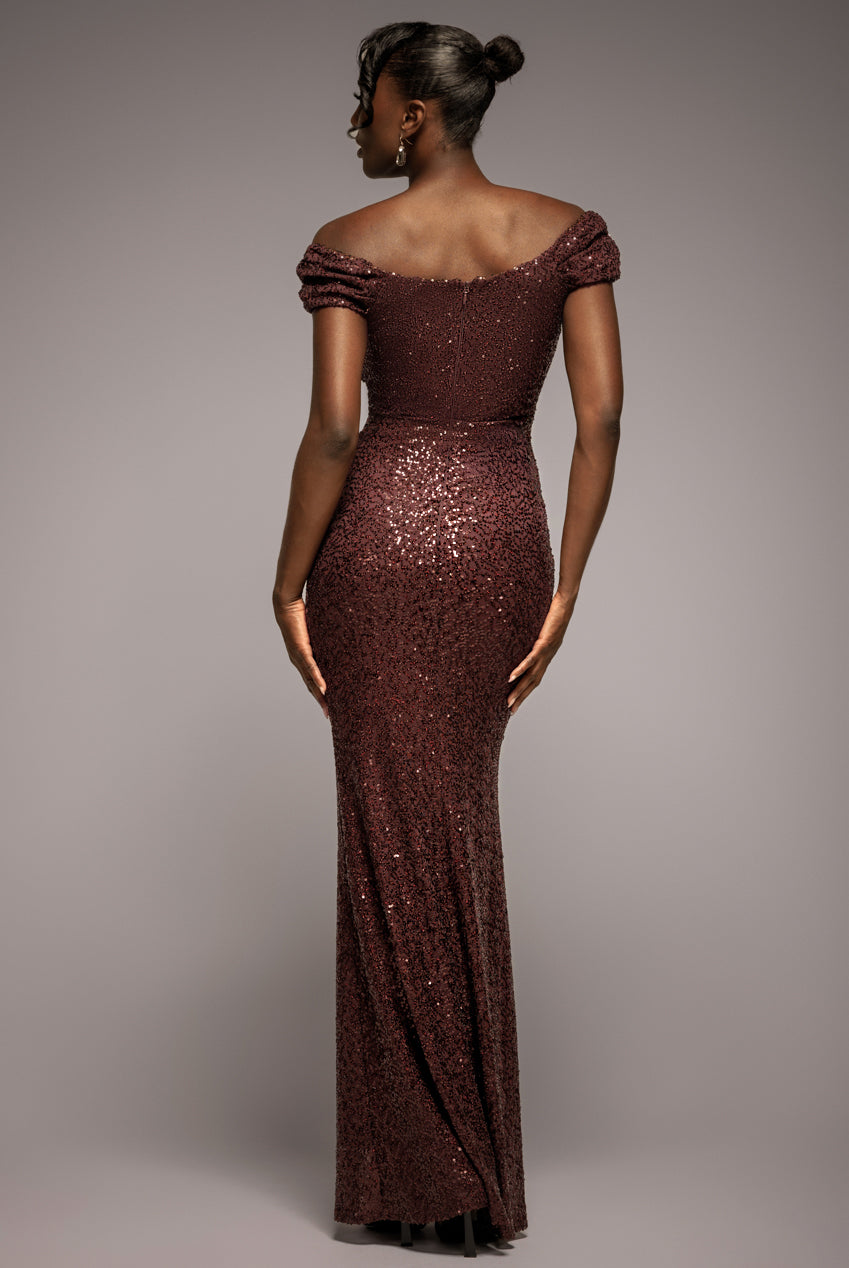 Cap Sleeve Iridescent Sequin Cowl Maxi Dress - Brown DR4633