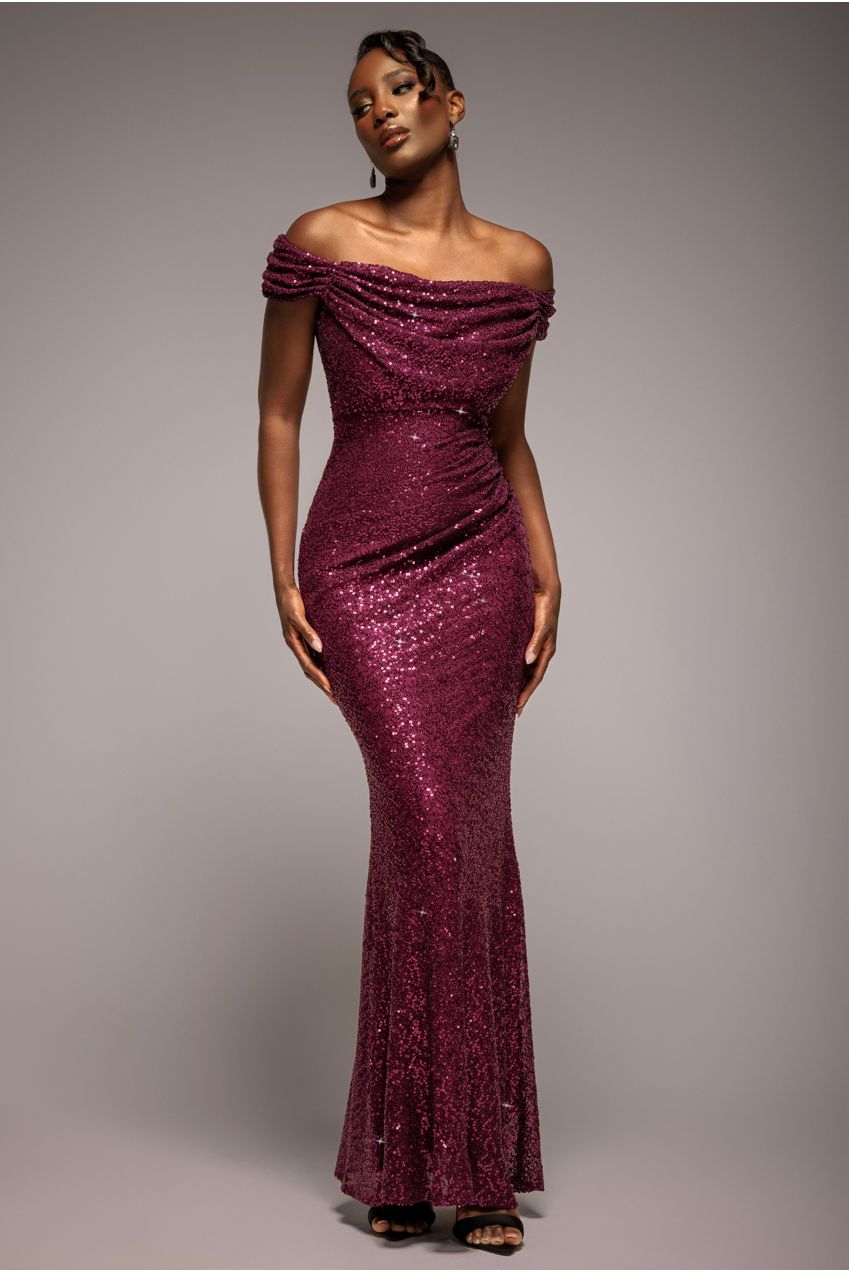Cap Sleeve Iridescent Sequin Cowl Maxi Dress - Burgundy Red DR4633