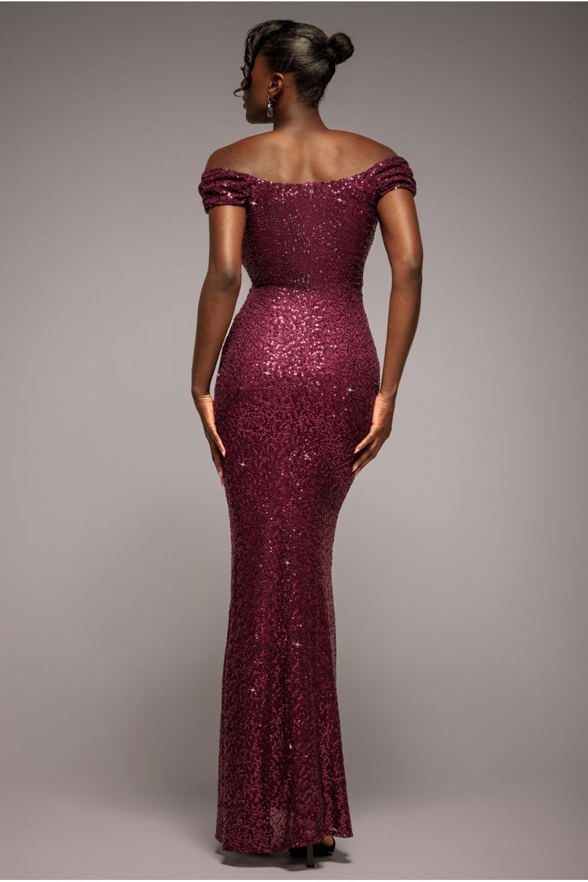 Cap Sleeve Iridescent Sequin Cowl Maxi Dress - Burgundy Red DR4633