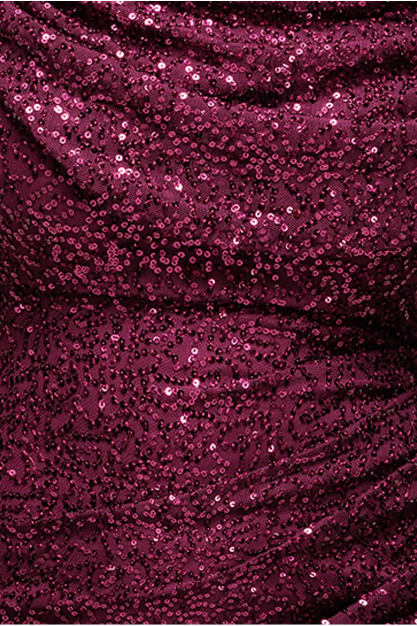 Cap Sleeve Iridescent Sequin Cowl Maxi Dress - Burgundy Red DR4633