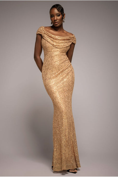 Cap Sleeve Iridescent Sequin Cowl Maxi Dress - Gold by Goddiva