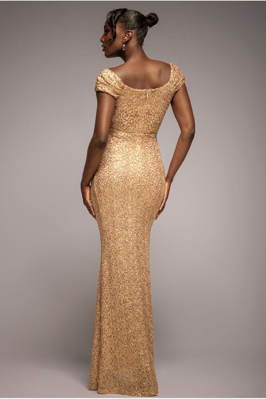 Cap Sleeve Iridescent Sequin Cowl Maxi Dress - Gold DR4633