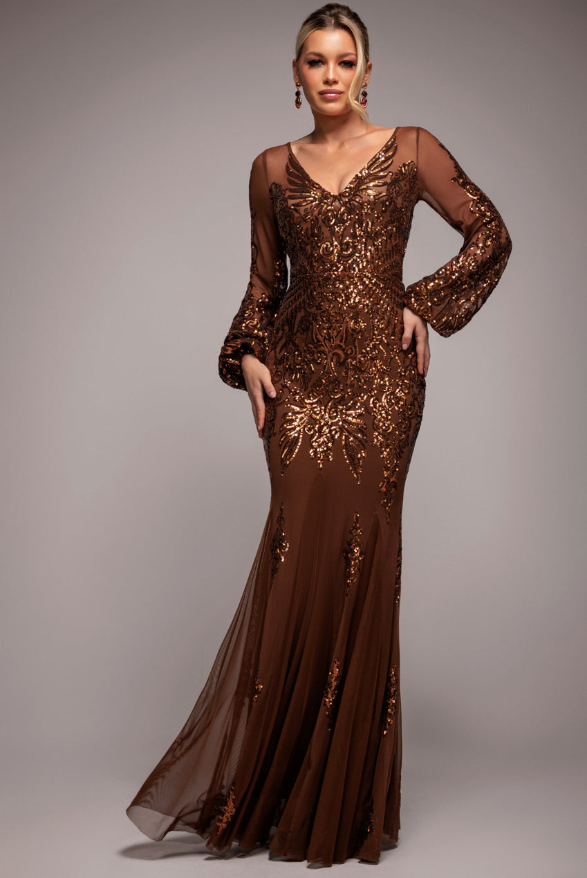 Embellished Sequin Bishop Sleeve Maxi Dress - Bronze DR4634