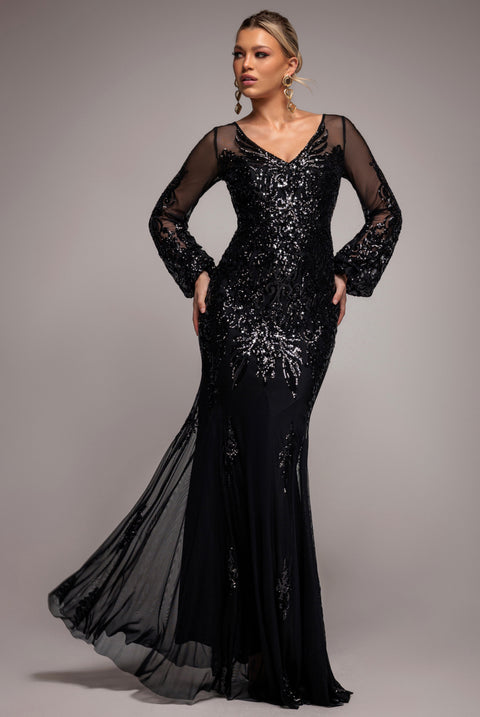Embellished Sequin Bishop Sleeve Maxi Dress - Black by Goddiva