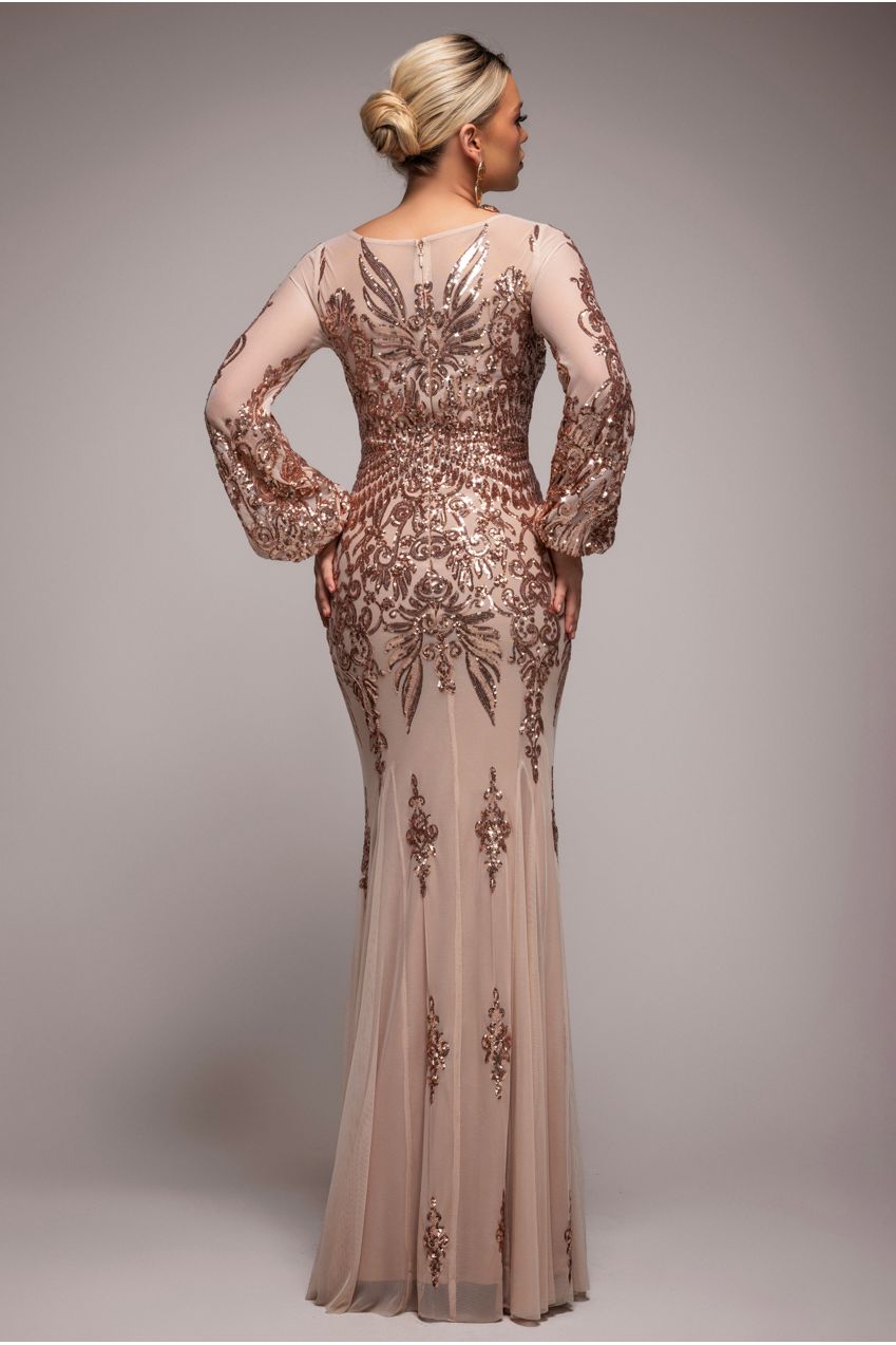 Embellished Sequin Bishop Sleeve Maxi Dress - Champagne DR4634