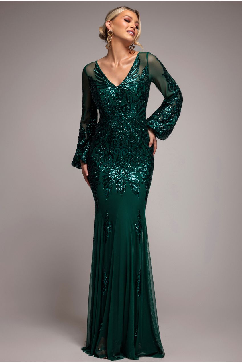 Embellished Sequin Bishop Sleeve Maxi Dress - Emerald Green DR4634