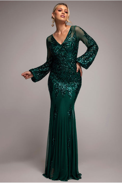 Embellished Sequin Bishop Sleeve Maxi Dress - Emerald Green by Goddiva