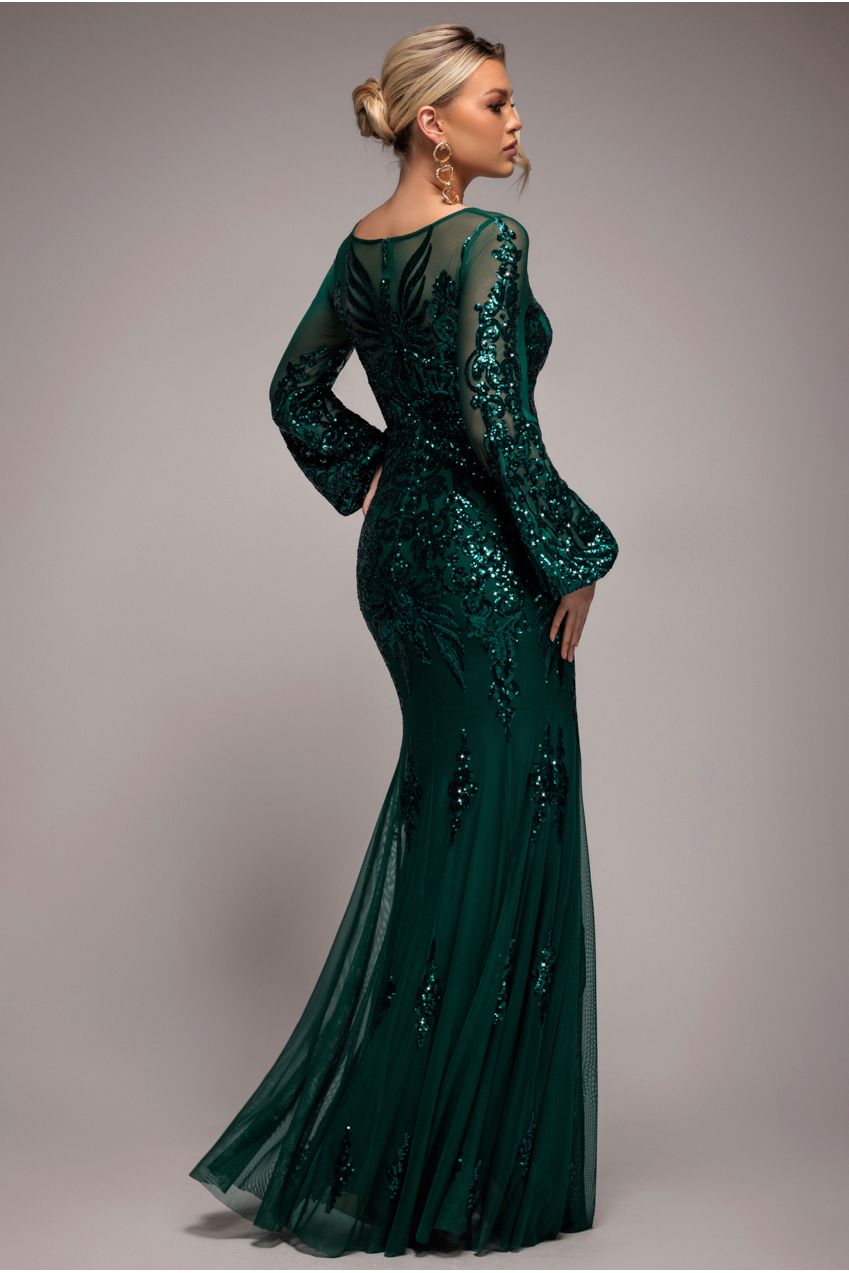 Embellished Sequin Bishop Sleeve Maxi Dress - Emerald Green DR4634