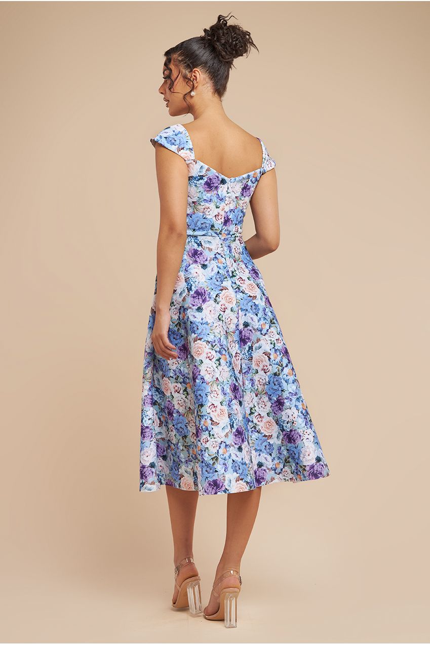 Floral Print A-Line Sweetheart Midi Dress - Powder Blue DR4635