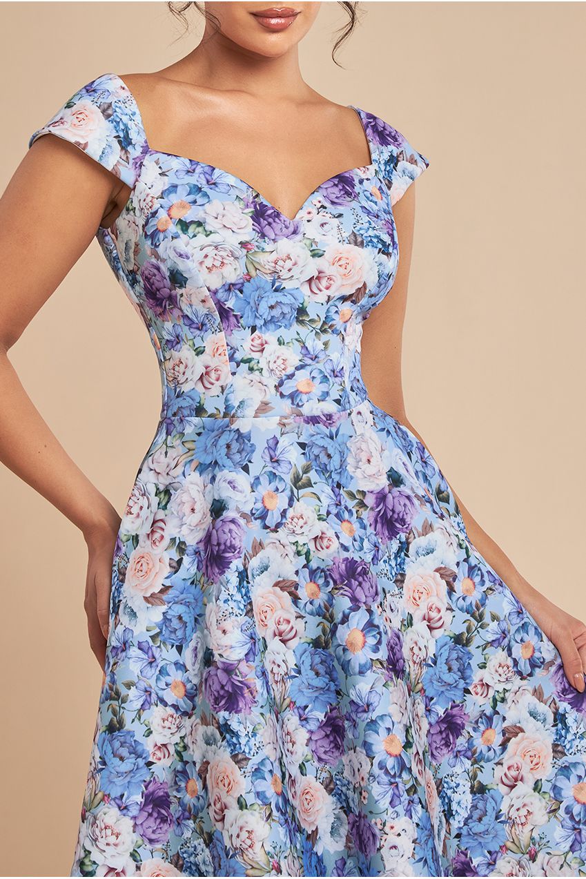 Floral Print A-Line Sweetheart Midi Dress - Powder Blue DR4635