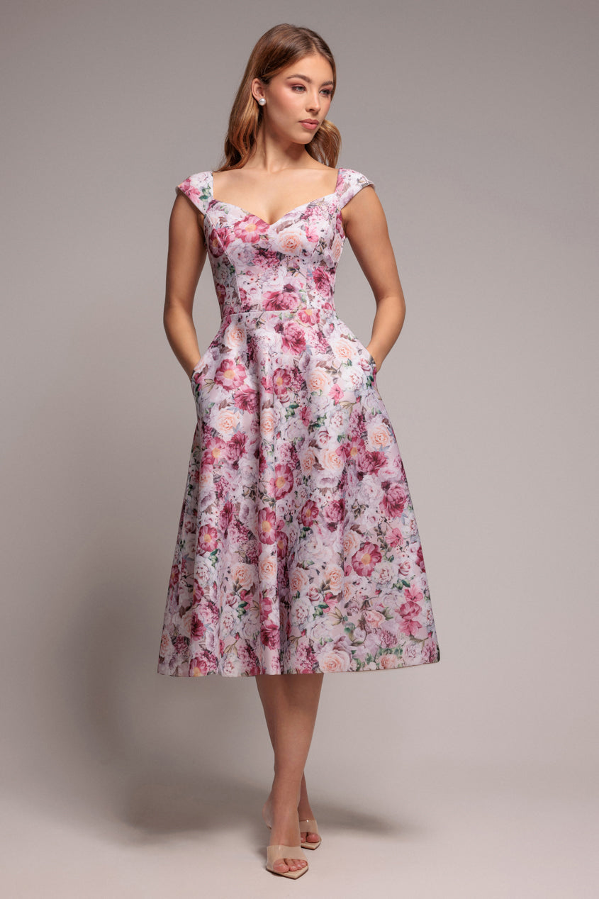 Floral Print A-Line Sweetheart Midi Dress - Blush Pink DR4635