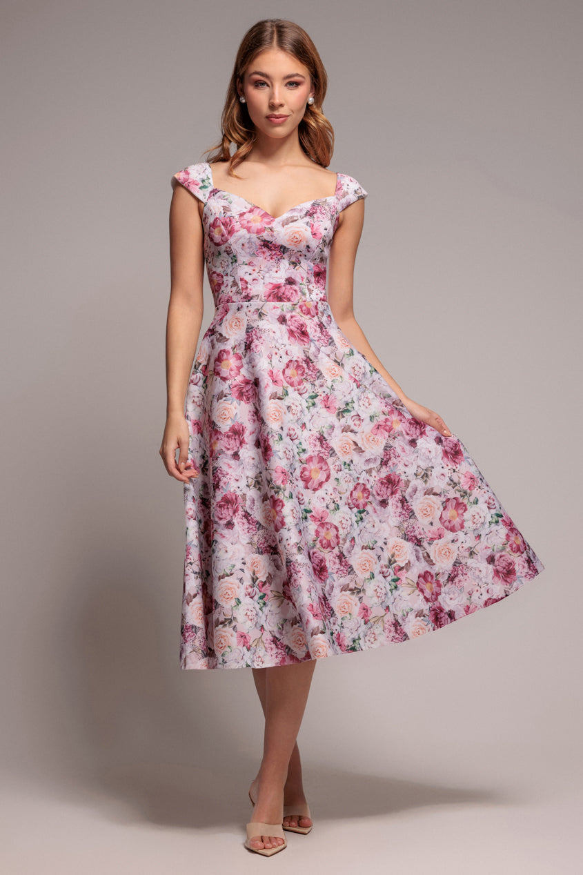 Floral Print A-Line Sweetheart Midi Dress - Blush Pink DR4635